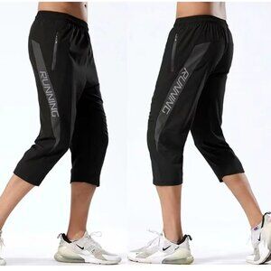 Men's Black Quick Dry Zippered Pockets Cropped Running Jogging Pants Size Small